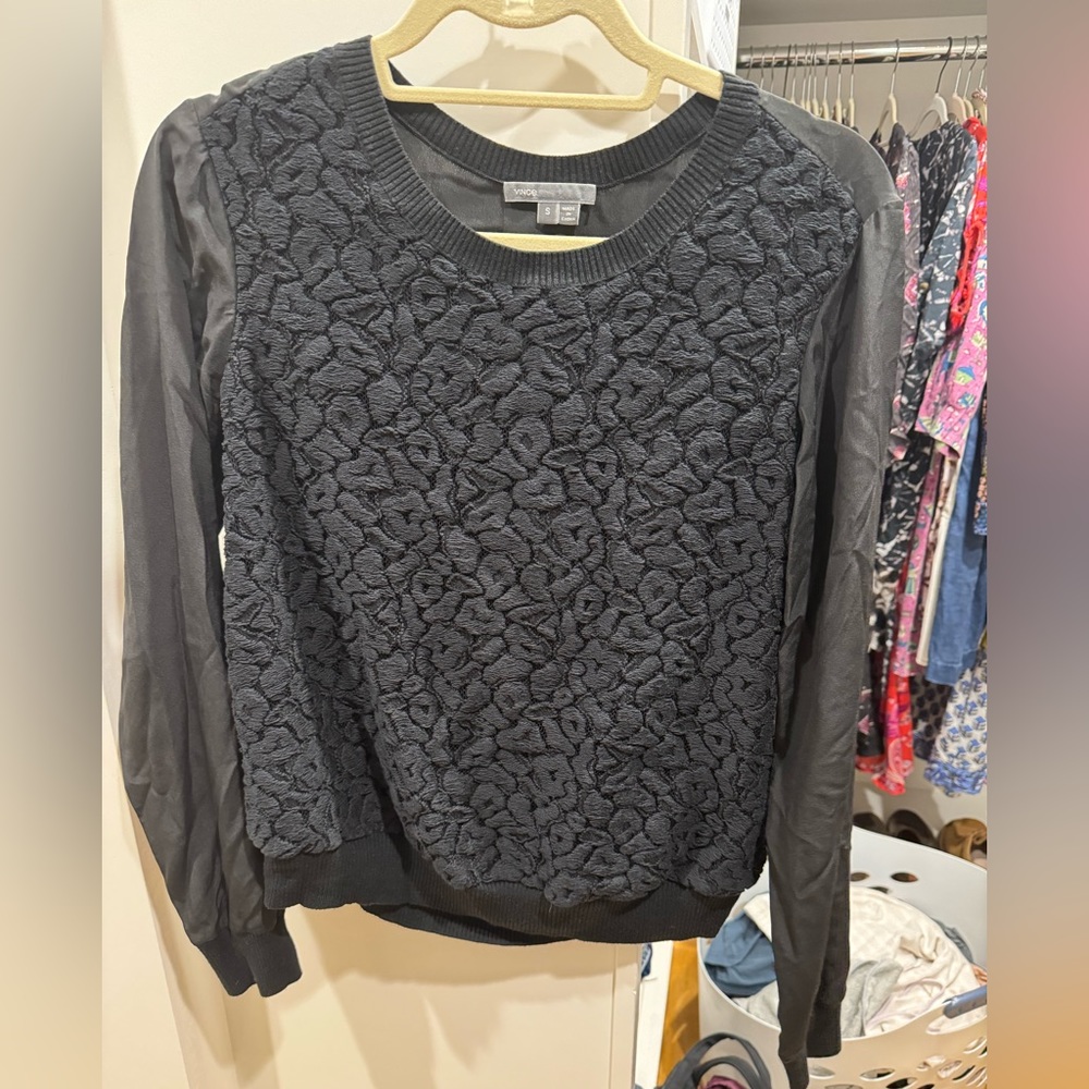 Vince silk and appliqué sweatshirt blouse